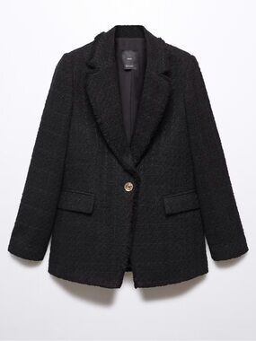 Mango Black Textured Single-Button Tweed Bouclé Blazer